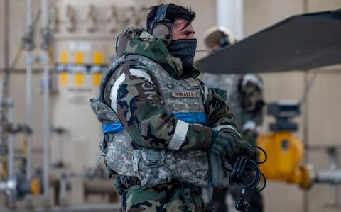 Photo Of U.S. Air Force Senior Airman Robert Speranza, 36th Fighter Generation Squadron, secures cables during Beverly Herd 25-2 at Kunsan Air Base, Republic of Korea.