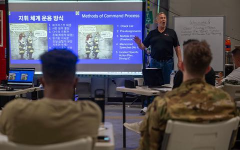 Photo Of Brett Stohr, InSource Fire Training president, teaches strategies and tactics during Osan’s first bilingual InSource Consulting Fire Training at Osan Air Base.