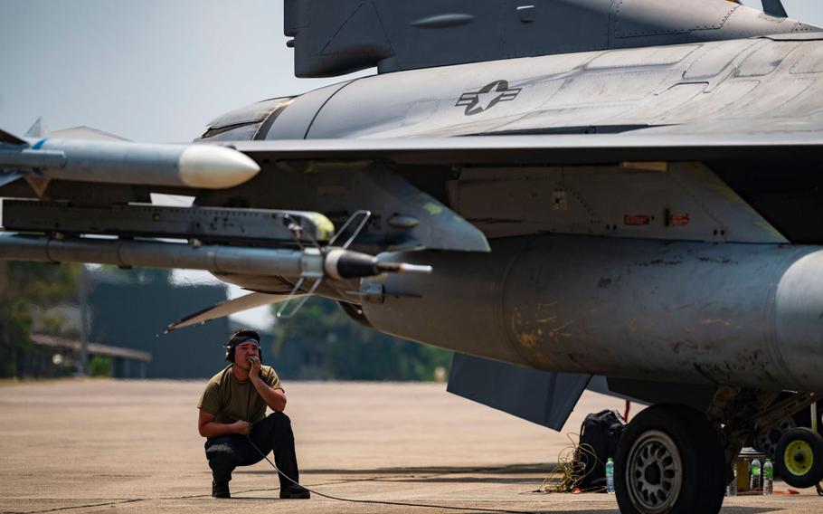 Senior Airman Thomas Purdy, 80th Fighter Generation Squadron dedicated crew chief, performs preflight procedures for an F-16 Fighting Falcon during Cobra Gold 24 exercise at Korat Royal Thai Air Force Base, Thailand, Feb. 29, 2024. Cobra Gold is the largest joint exercise in mainland Asia and exemplifies the U.S.’s long-standing alliance with the Kingdom of Thailand.