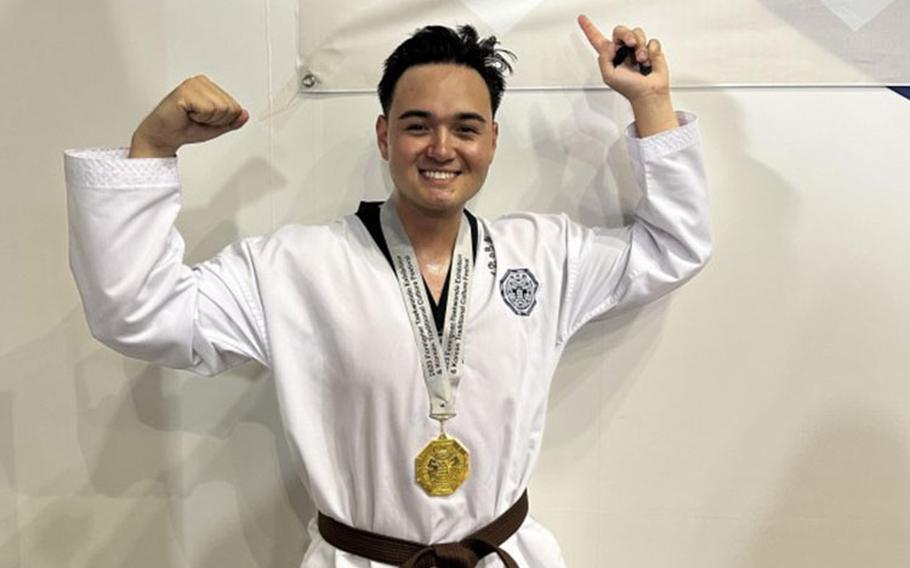 Sgt. Robert J. Errington from the 59th Chemical, Biological, Radiological, Nuclear (CBRN) Company (Hazards Response) took first place during an international Taekwondo competition at the Kukkiwon, the World Taekwondo Headquarters in Seoul. Errington also earned his Taekwondo black belt in six months during his deployment to South Korea, the birthplace of the famous martial art, which is also an Olympic sport. (Courtesy photo)