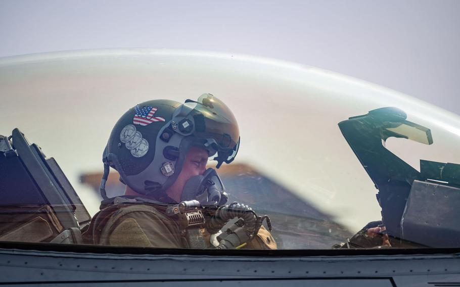 Lt. Col. Eric Broyles, 35th Fighter Squadron F-16 Fighting Falcon pilot, conducts preflight procedures prior to the commencement of Cope Tiger 24 at Korat Royal Thai Air Force Base, Kingdom of Thailand, March 12, 2024.