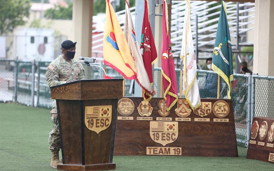 Command Sgt. Maj. LaDerek Green, Command Sergeant Major, 19th Expeditionary Sustainment Command, delivers closing remarks at his relinquishment of responsibility ceremony on Camp Walker, Republic of Korea. A retirement ceremony was held later for CSM Green.