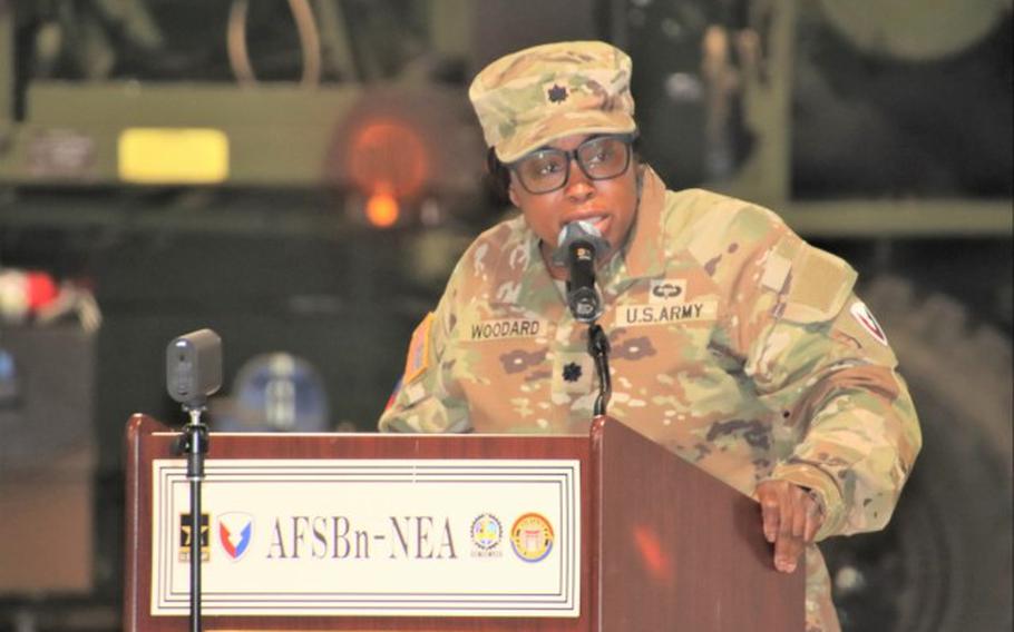 Lt. Col. Rosilyn Woodard, incoming commander, Army Field Support Battalion – Northeast Asia, greets the Centurion Team during the AFSBn-NEA change of command ceremony at Camp Carroll, South Korea, June 25.