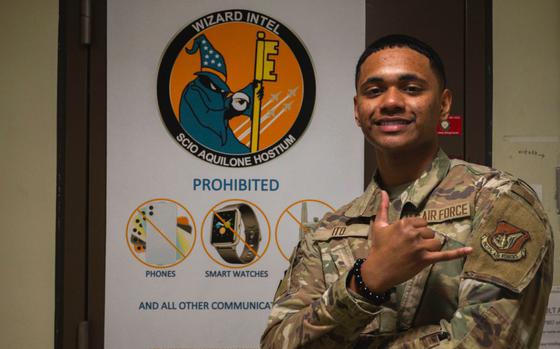 Senior Airman Marley Ito, 8th Operational Support Squadron targeting analyst, poses for a photo in the 8th Fighter Wing headquarters at Kunsan Air Base, Republic of Korea, Feb. 12, 2025.