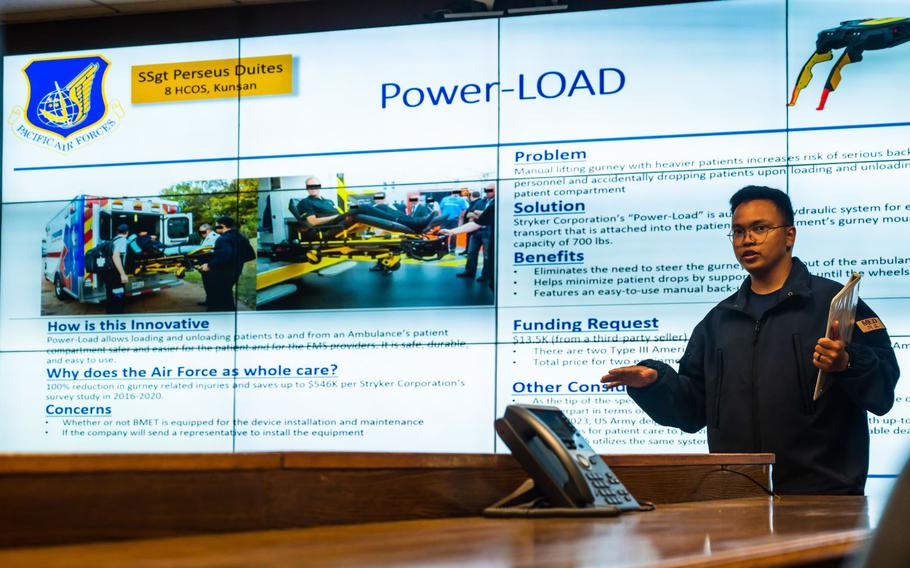 Staff Sgt. Perseus Duites, 8th Healthcare Operations Squadron paramedic, presents an innovative power load idea to Col. Matthew Gaetke, 8th Fighter Wing commander, during a Wolfwerx event at Kunsan Air Base, Republic of Korea.