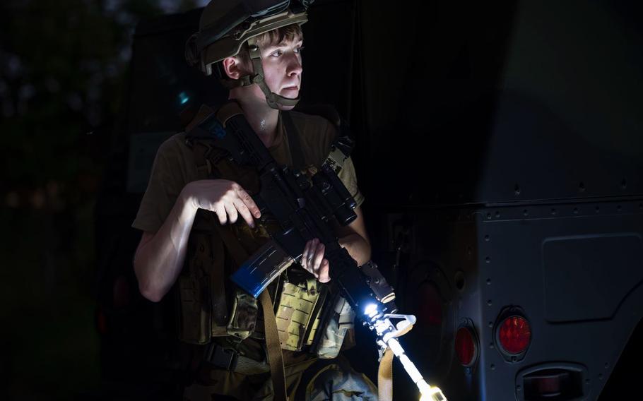 U.S. Air Force Airman 1st Class Luke Walton, 51st Security Forces respond team member, protects assets from simulated hostile forces during Ulchi Freedom Shield 24, at Osan Air Base, Republic of Korea, Aug. 22, 2024.