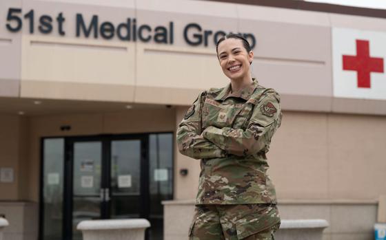 U.S. Air Force Tech. Sgt. Jordan Dawson, 51st Medical Group executive assistant, poses for a photo at Osan Air Base, Republic of Korea, March 5, 2025. Dawson was recognized as Mustang of the Week for quickly raising deployment readiness statistics by 47%.