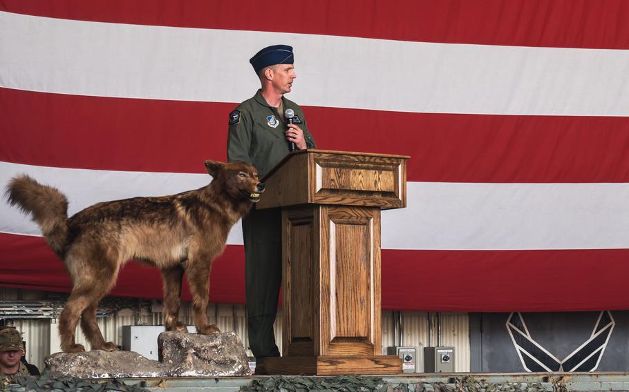 U.S. Air Force Col. Peter Kasarskis, 8th Fighter Wing commander, addresses attendees during the 8th FW change of command ceremony at Kunsan Air Base, Republic of Korea, June 7, 2024. Kasarskis was previously stationed at Kunsan as a member of the 35th Fighter Squadron from 2005-2006.