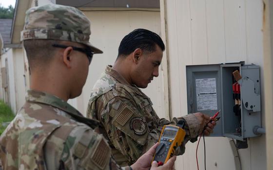 Photo Of Senior Airman Intorn Messa, left, and U.S. Air Force Staff Sgt. Javier Ruiz, right, 8th Civil Engineer Squadron heating ventilation and air conditioning journeymen, test the fuses of a building at Kunsan Air Base, Republic of Korea, August 8, 2024.