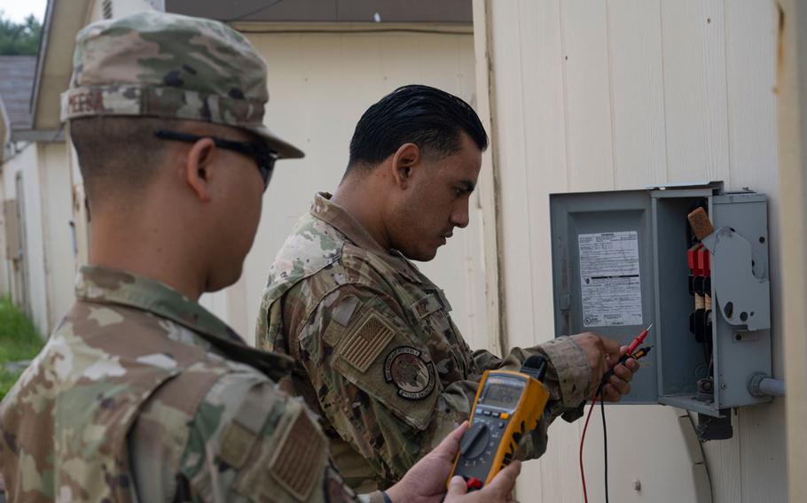 Senior Airman Intorn Messa, left, and U.S. Air Force Staff Sgt. Javier Ruiz, right, 8th Civil Engineer Squadron heating ventilation and air conditioning journeymen, test the fuses of a building at Kunsan Air Base, Republic of Korea, August 8, 2024. 