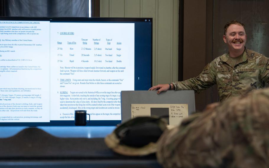 Senior Airman Victor Yastrzab, 8th Security Forces Squadron combat arms instructor, explains the Excellence in Competition rules with competitors at Kunsan Air Base, Republic of Korea, June 5, 2024. 