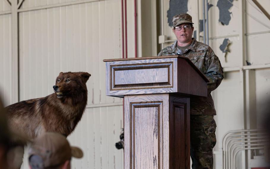U.S. Air Force Col. Valerie OBrien, 8th Medical Group commander, speaks to attendees of the 8th MDG change of command ceremony at Kunsan Air Base, Republic of Korea, June 12, 2024.