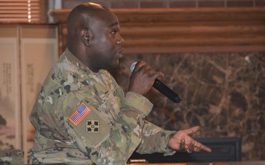 Sgt. 1st Class Paul Sowu, Supply & Services NCO, Support Operations, discusses the 403rd Army Field Support Brigade Support Operations mission during the 2022 Powerhouse Brigade Senior Leader Seminar at Camp Henry, South Korea, June 28. (Photo Credit: Galen Putnam)