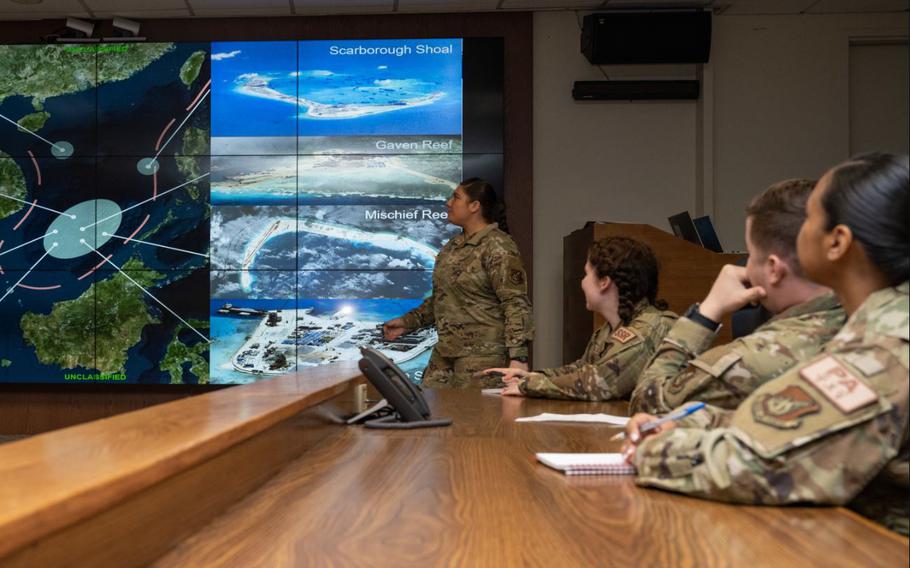 Tech. Sgt. Amanda Jackson, 8th Operations Support Squadron section chief of weapons and tactics, gives an unclassified intelligence brief at Kunsan Air Base, Republic of Korea, May 2, 2024.