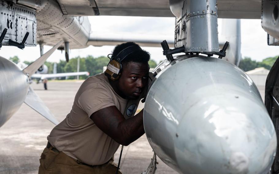 U.S. Air Force Senior Airman Ke’von Heath, 25th Fighter Generation Squadron dedicated crew chief, performs a pre-flight check at Clark Air Base, Philippines, Dec. 14, 2024.