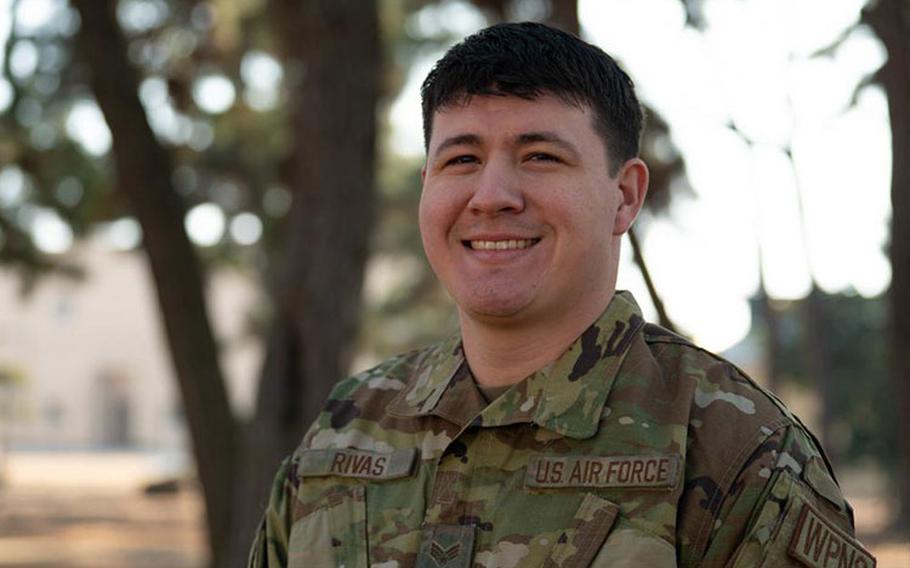 Senior Airman Adrian Rivas, 8th Maintenance Group’s Weapons Standardization Section squadron lead crew member, poses for a photo on Kunsan Air Base, Republic of Korea, Jan. 11, 2023. Rivas was recognized as ‘Pride of the Pack’ for the week of Jan. 9-13, 2023. (U.S. Air Force Photo by Senior Airman Shannon Braaten)