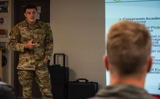 Senior Airman Devan Skeem, 8th Operations Support Squadron survival, evasion, resistance, and escape specialist, teaches SERE refresher training at Kunsan Air Base, Republic of Korea, June 26, 2024.