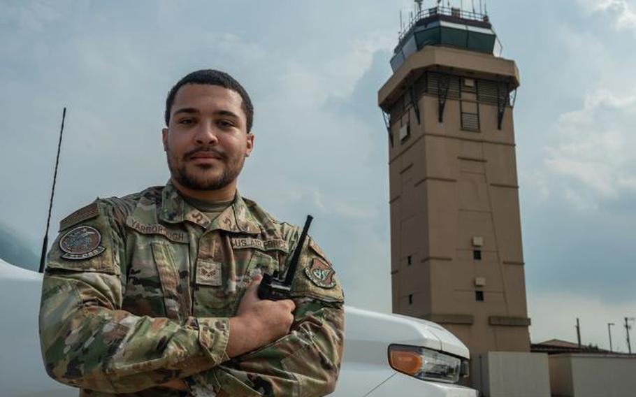 U.S. Air Force Senior Airman Shawn Yarborough, 51st Operational Support Squadron airfield management operations supervisor, poses for a photo at Osan Air Base, Republic of Korea, Aug. 6, 2024.