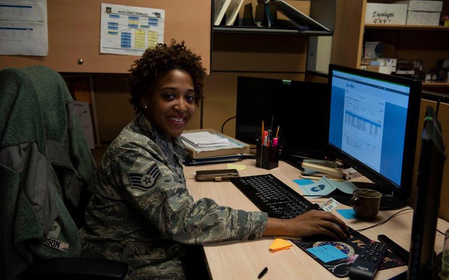 U.S. Air Force Staff Sgt. Jasmine Madison, 8th Comptroller Squadron command support staff, poses for a picture at Kunsan Air Base, Republic of Korea, Feb. 27, 2019. Madison was named the Brigadier General Wilma Vaught Visionary Leadership Award for her work on and off duty at Kunsan Air Base. (U.S. Air Force photo by Senior Airman Savannah Waters)