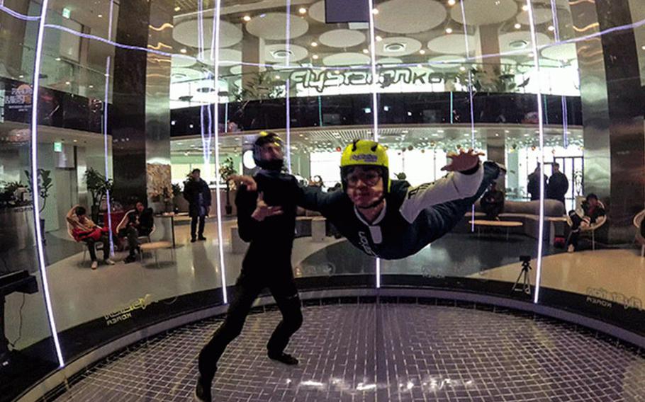 Here, I begin my ascent inside the windtunnel at Fly Station. I really enjoyed trying this out, but seeing my face on the camera after, I thought it was so funny because I didn’t realize this would happen to my face. Photos courtesy of ChiHon Kim