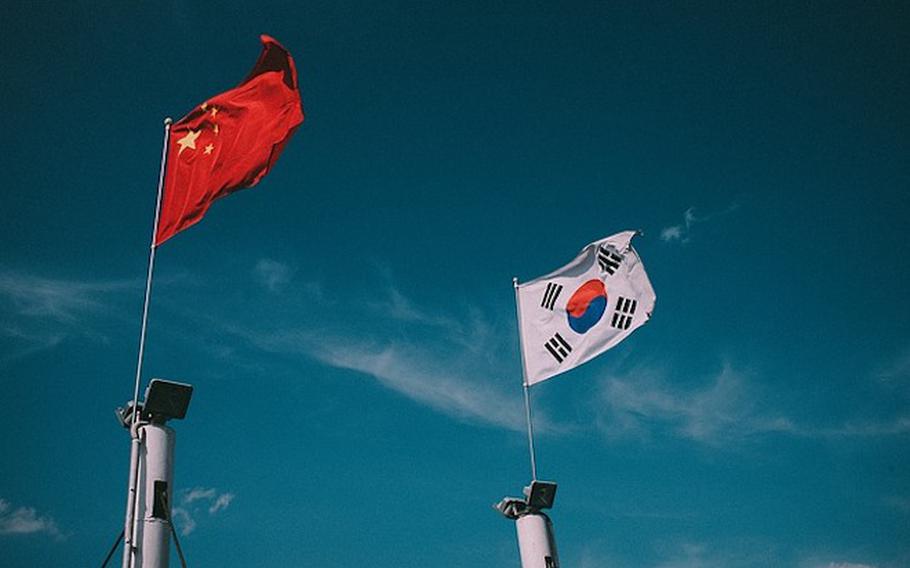 National flags of China and South Korea