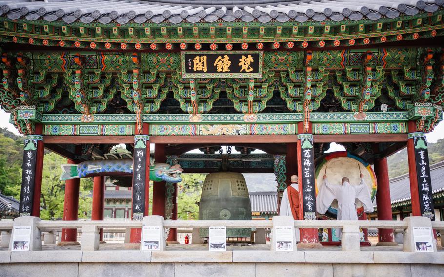 Monk playing the drum at Beopjusa Temple