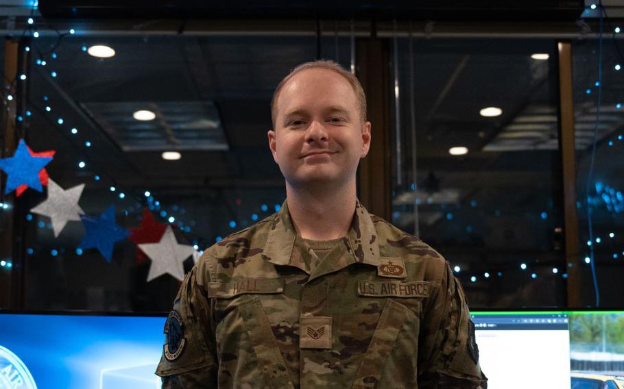 U.S. Air Force Staff Sgt. Hunter Hall, 8th Fighter Wing emergency actions controller, stands for a photo at Kunsan Air Base, Republic of Korea, July 8, 2024.