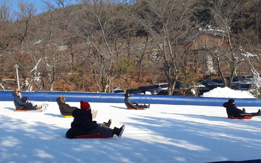 sledding at Mt. Moobong Youth Camp